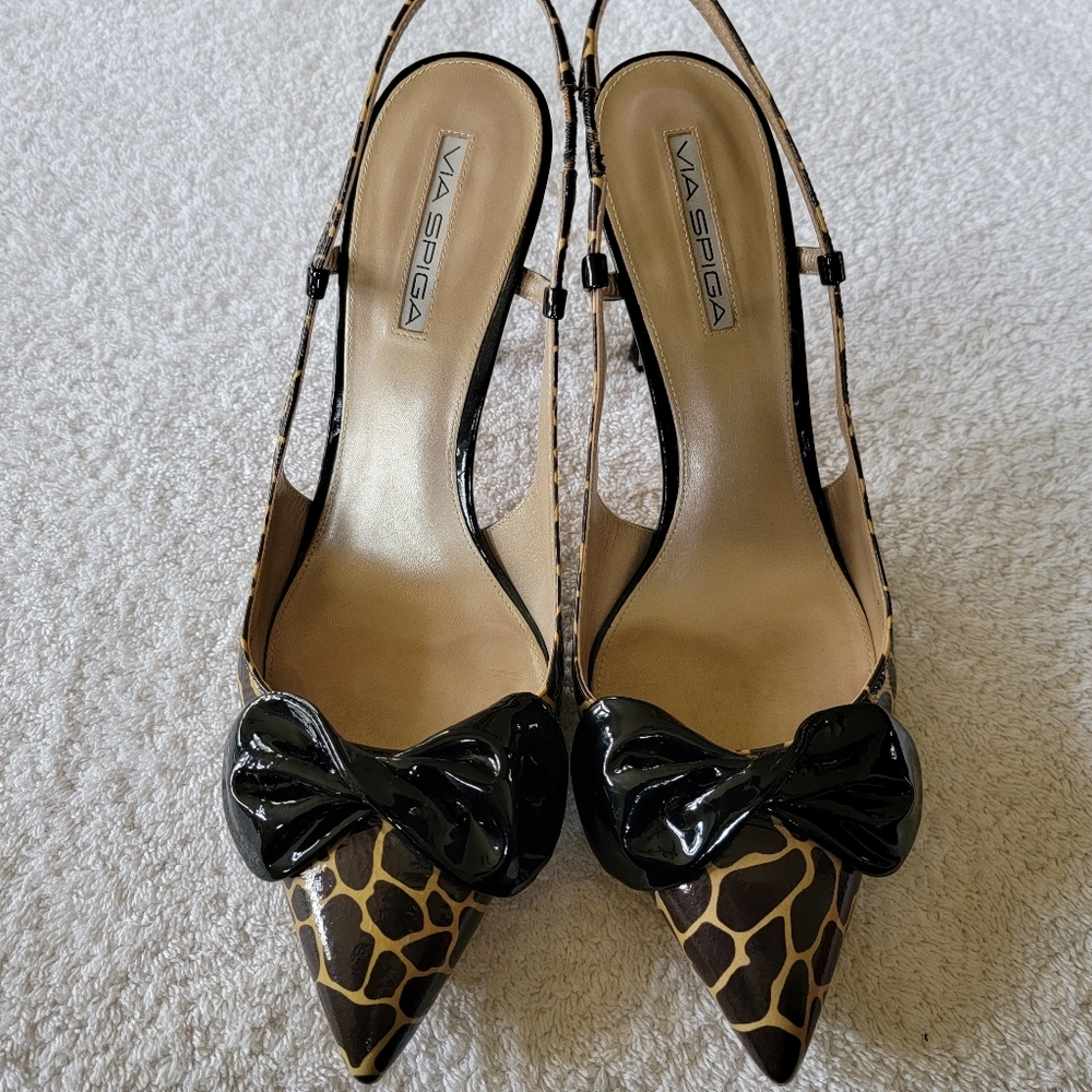 Via Spiga Animal Print Sling Back Heel & Black Bow
